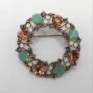 Vintage Wreath Brooch Swarovski Crystals Green Topaz Silvertone